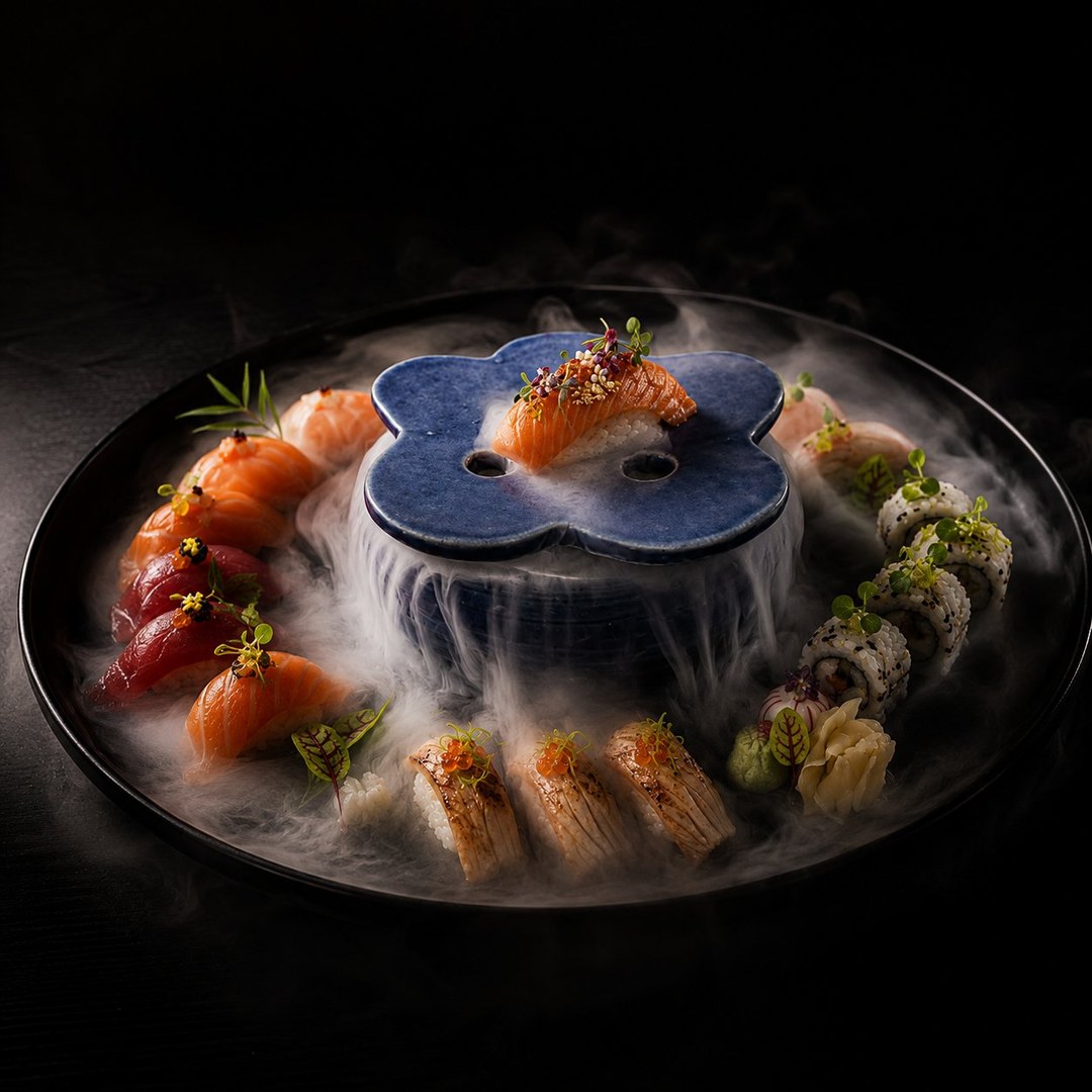Sushi omakase con hielo seco